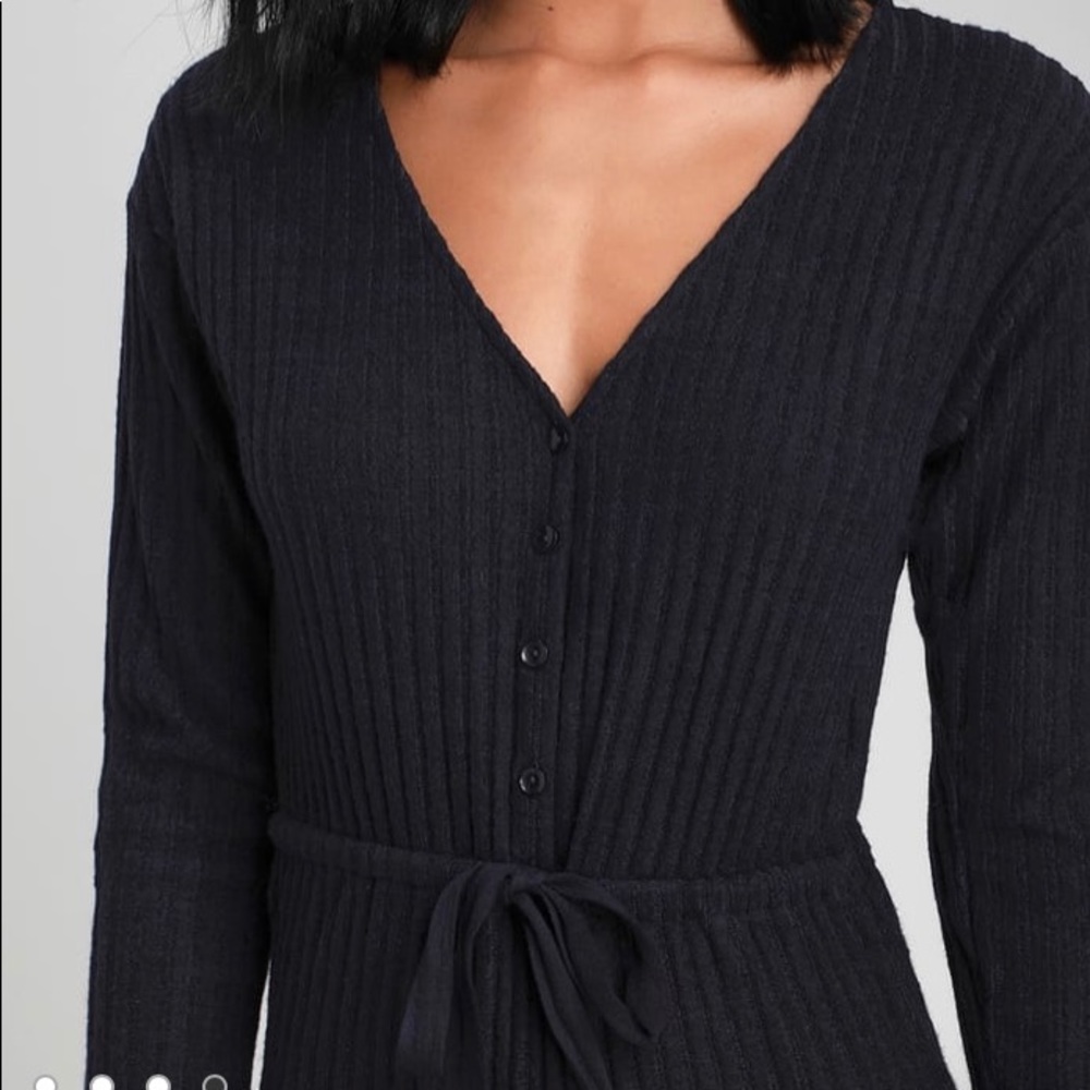 Saylor Navy Blue Ribbed Knit Long Sleeve Jumpsuit - Picture 4 of 8